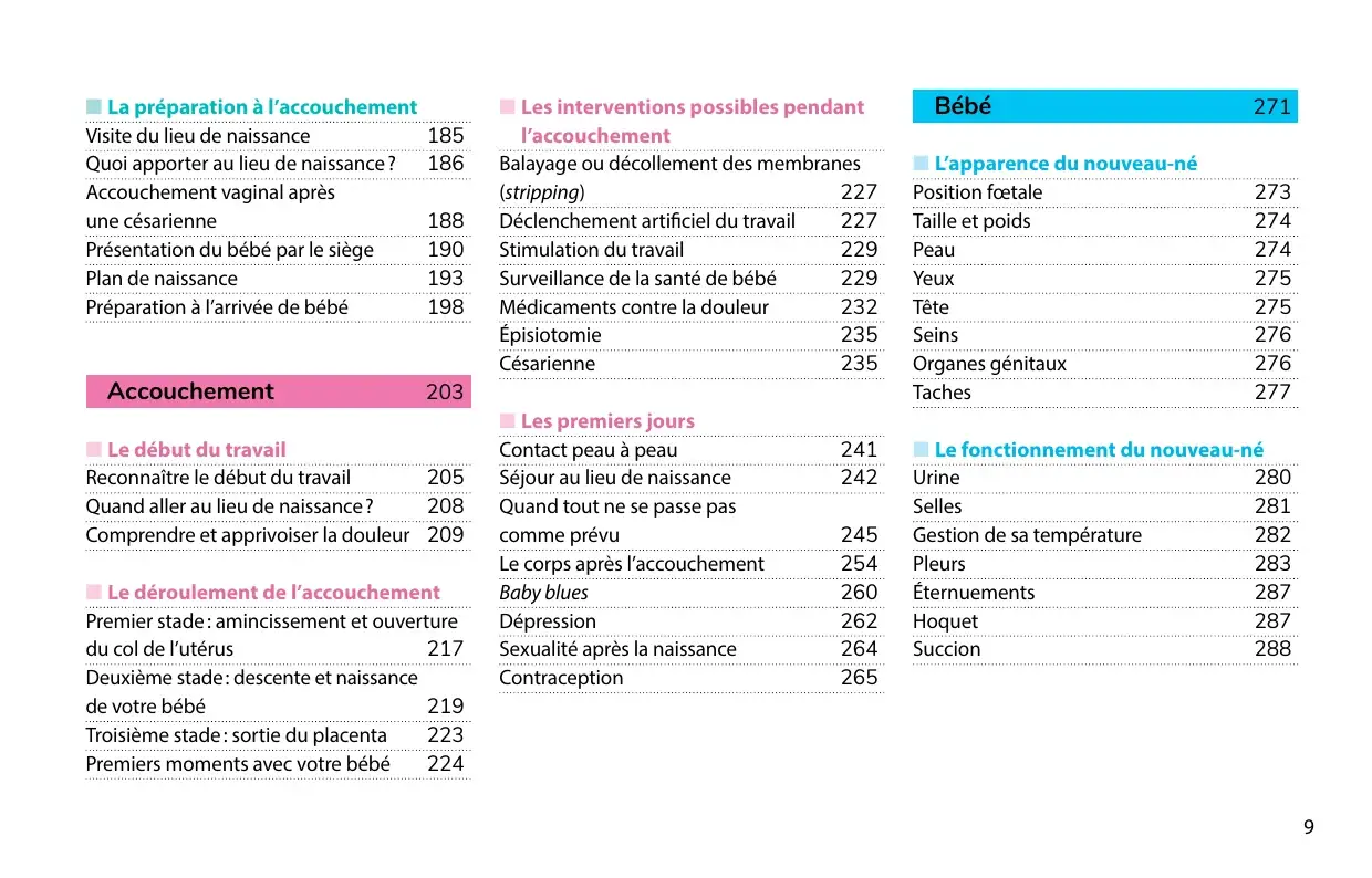 Table des matières (page 9) : chapitres Accouchement et Bébé — déroulement, interventions et premiers jours