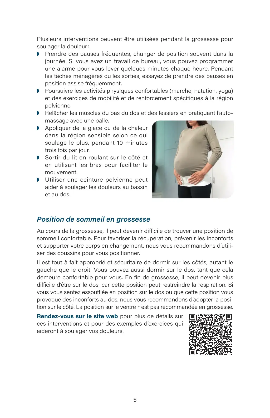 Interventions pour soulager la douleur, photo d'une femme enceinte portant une ceinture pelvienne, et position de sommeil