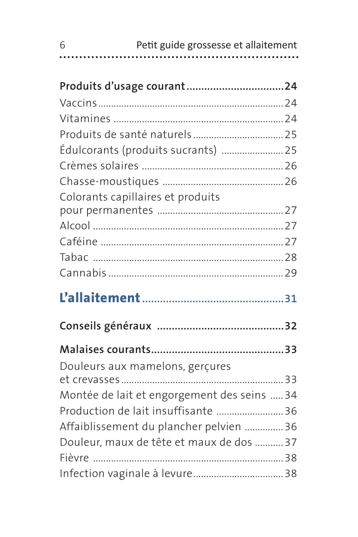 Table des matières (suite) : produits courants durant la grossesse, puis toute la section allaitement