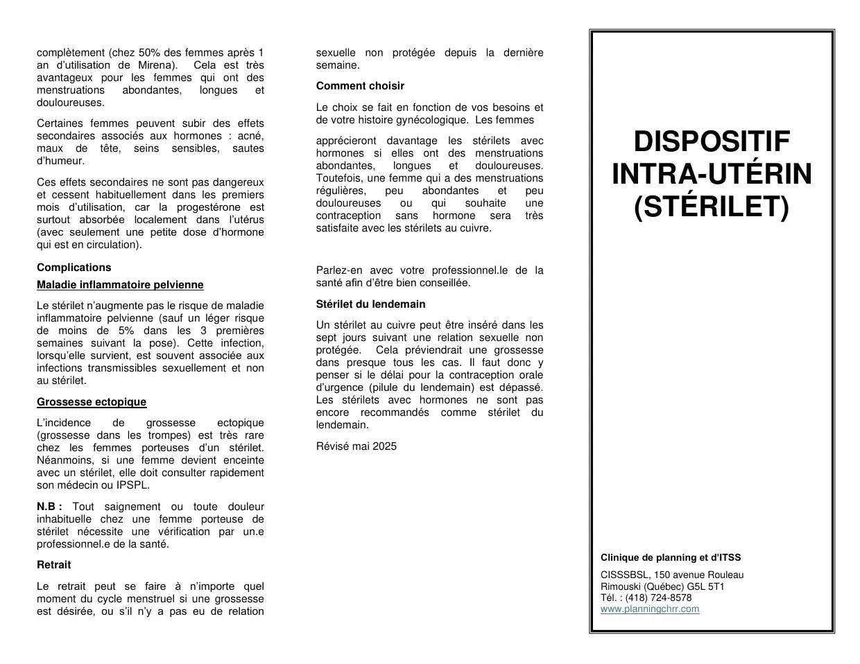Texte sur les effets secondaires, les complications et le choix du stérilet, avec encadré titre et coordonnées