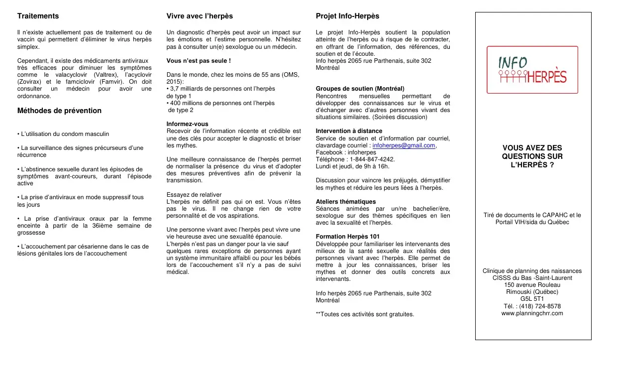 Traitements et prévention de l'herpès, vivre avec le diagnostic et logo du Projet Info-Herpès