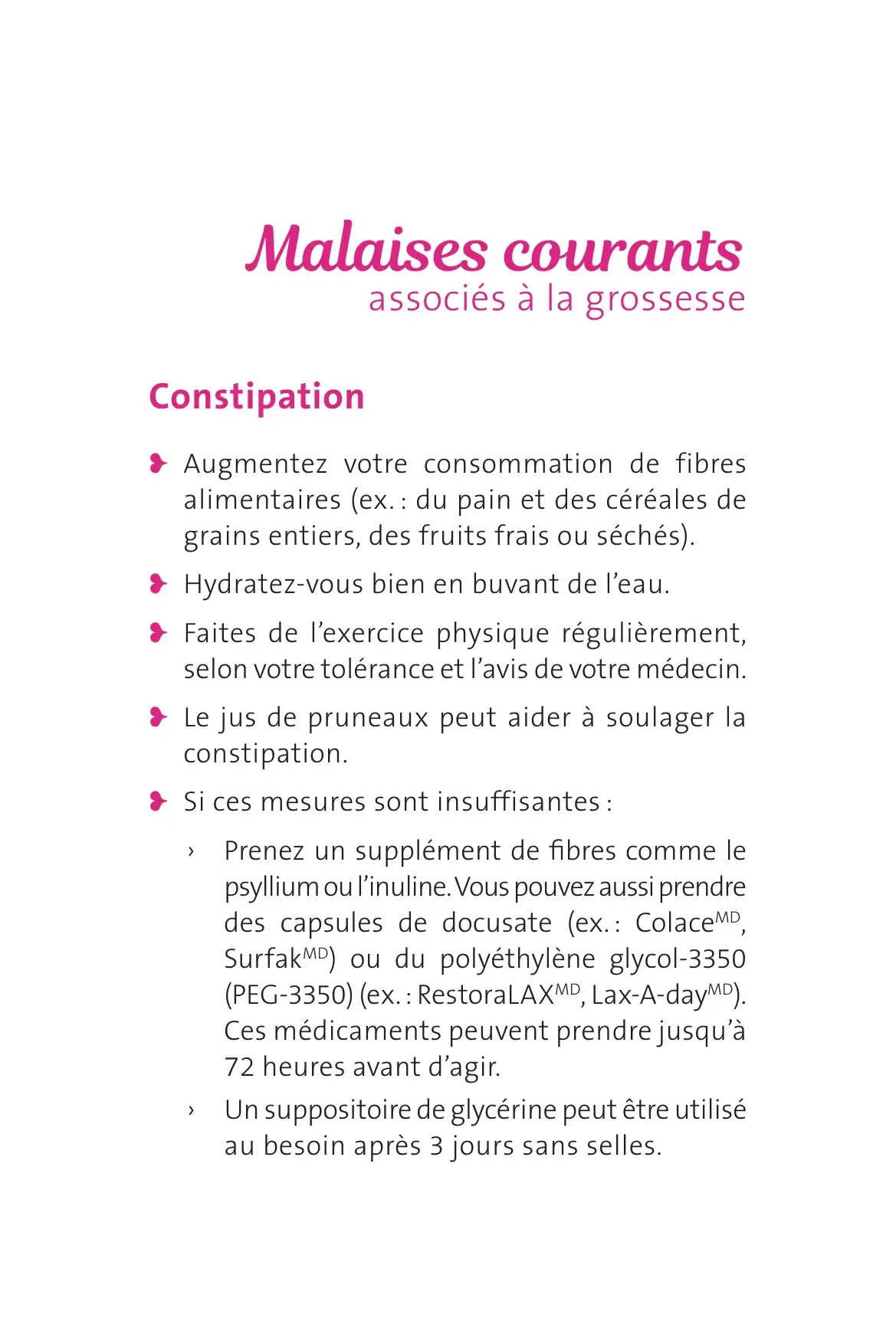 « Malaises courants », section Constipation : conseils alimentaires et options de laxatifs en vente libre