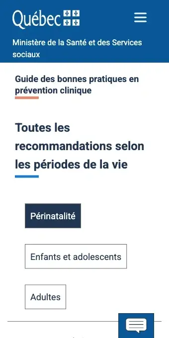 Affichage mobile d'une page du ministère de la Santé et des Services sociaux : titre du guide et trois onglets empilés par période de vie
