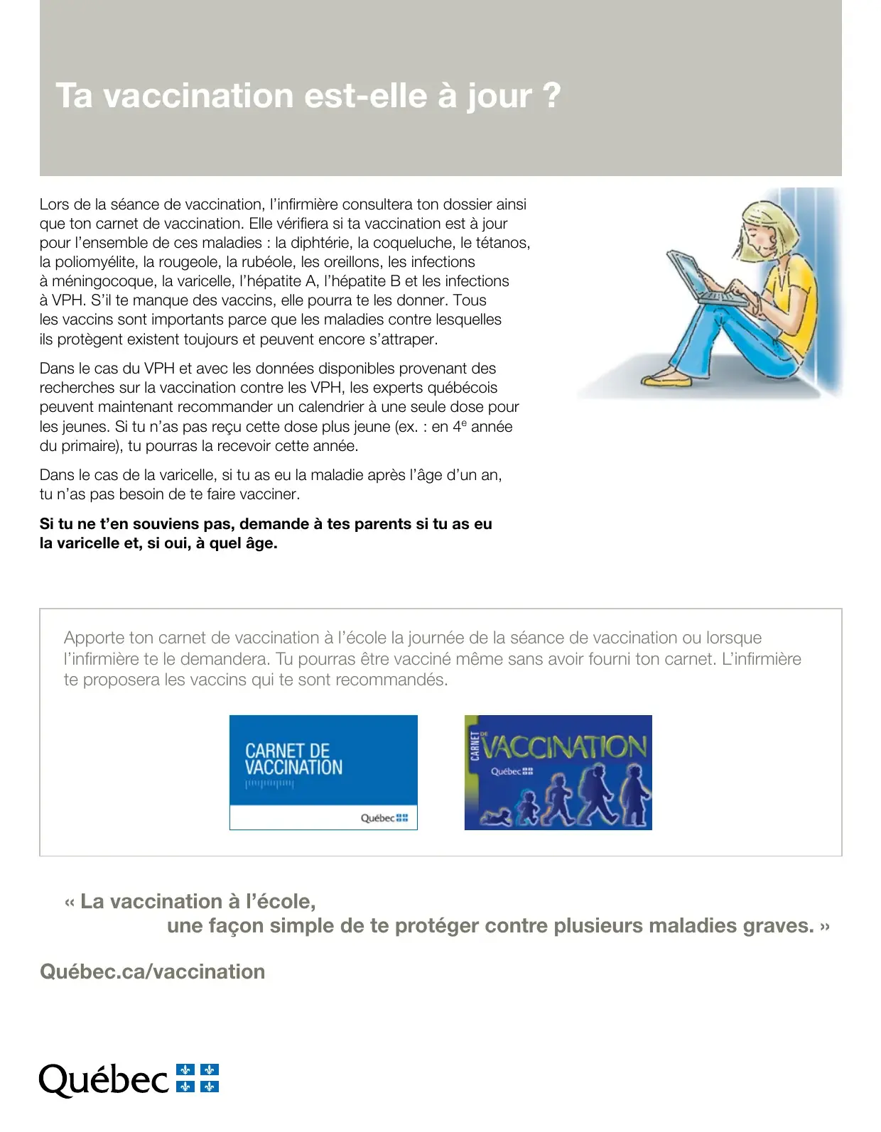 Page « Ta vaccination est-elle à jour? » rappelant les vaccins requis, dont celui contre le VPH