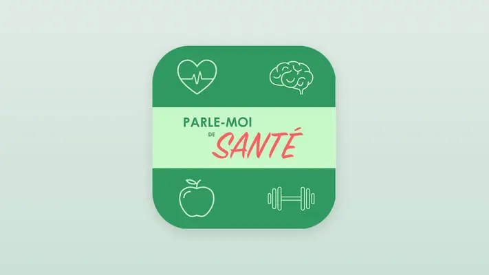 Tuile verte à coins arrondis où le titre du balado est encadré par des icônes de cœur, cerveau, pomme et haltère.