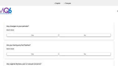 The MQ6 questionnaire screen: three questions on periods, hot flashes and vaginal dryness, each with Yes and No buttons