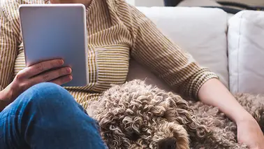 femme assise qui regarde une tablette