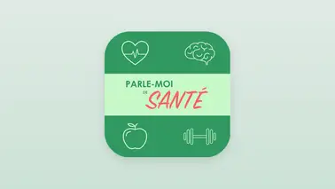 Tuile verte à coins arrondis où le titre du balado est encadré par des icônes de cœur, cerveau, pomme et haltère.